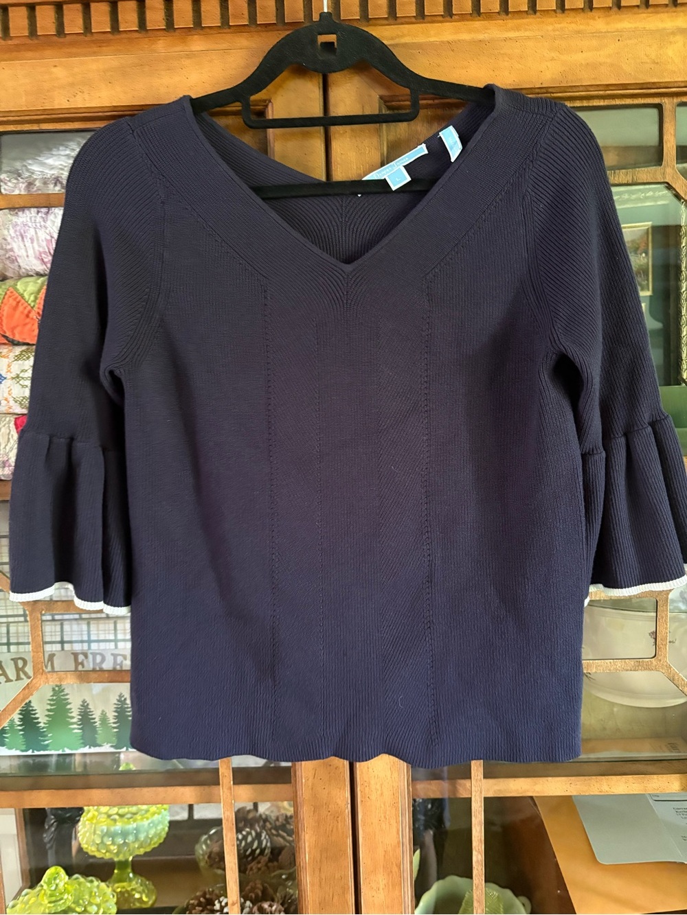 Draper James Navy V‑Neck Bell Sleeve Knit Top